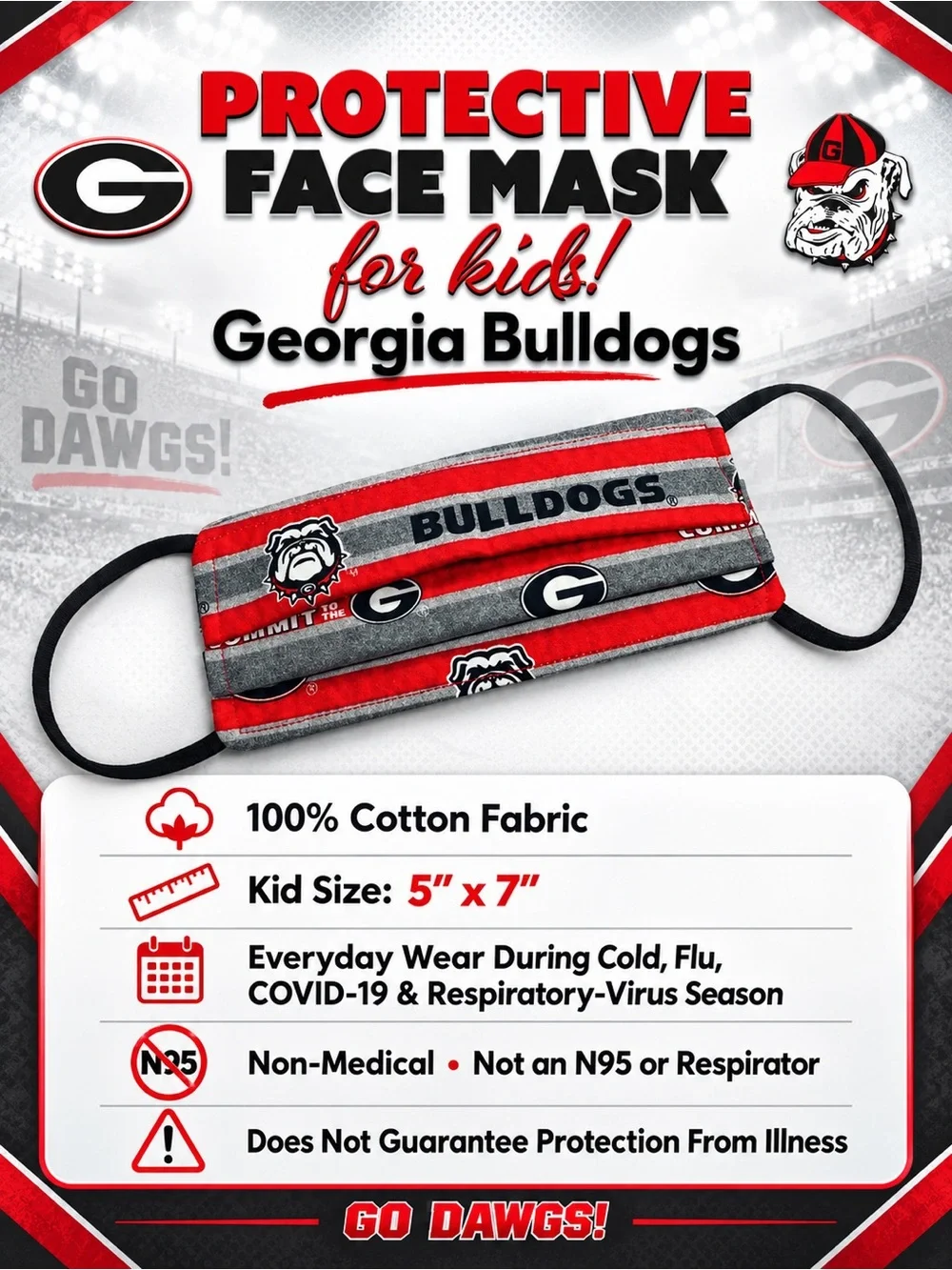 Georgia Bulldogs Protective Kids Face Mask UGA DAWGS NEW